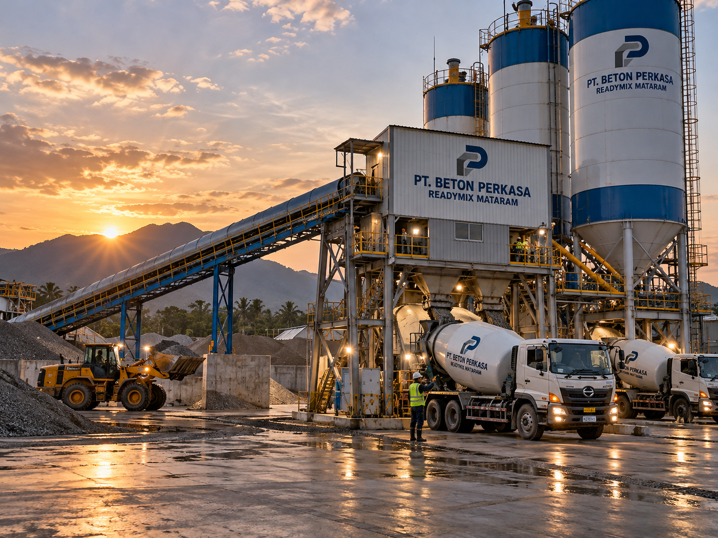 Batching Plant Cabang Lombok Barat PT. Beton Perkasa Readymix Mataram saat matahari terbit
