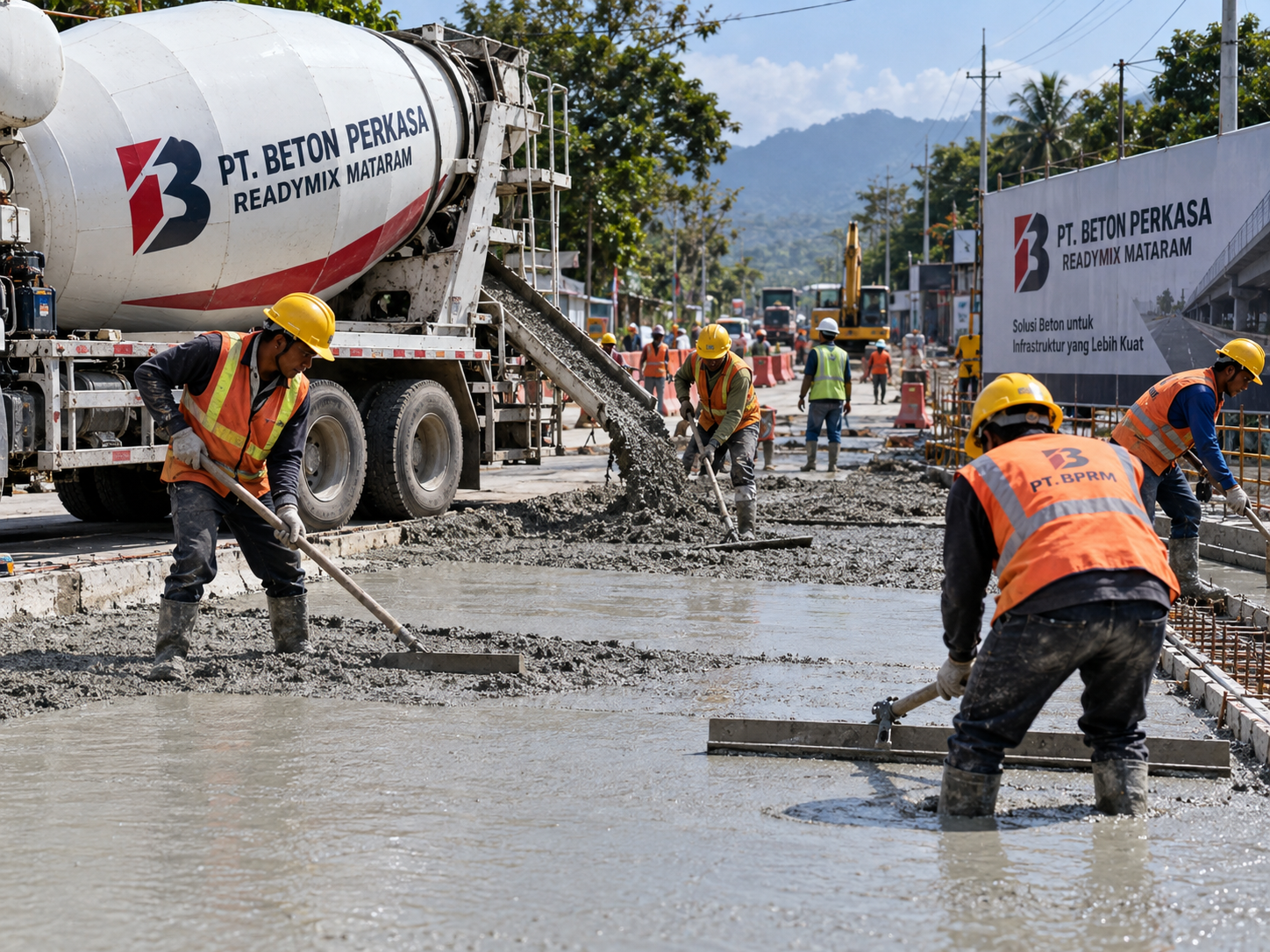 Pengecoran lantai kerja mutu K-175 oleh tim PT. Beton Perkasa Readymix Mataram