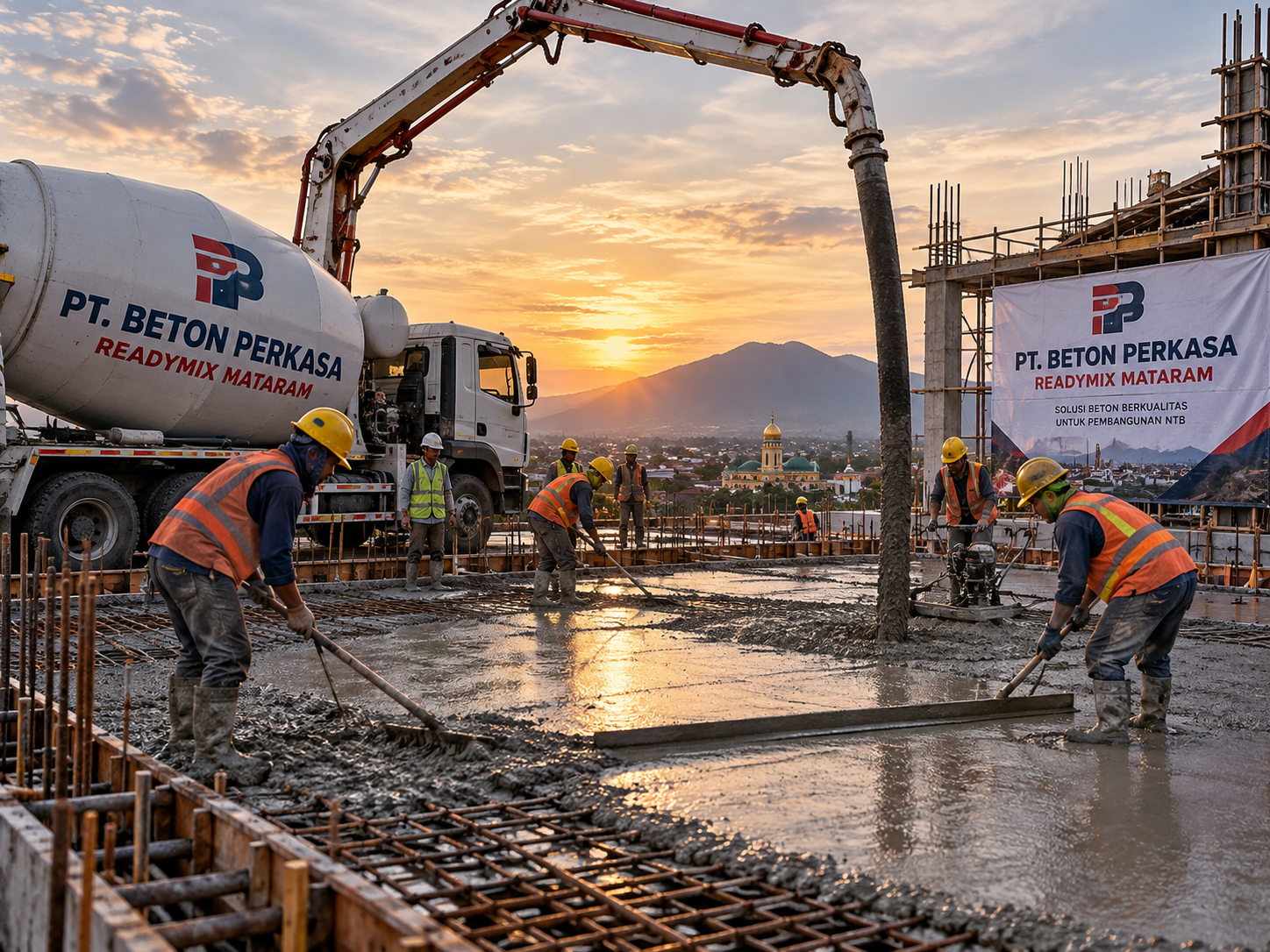 Pengecoran dak gedung di Mataram dengan mutu K-225 PT. Beton Perkasa Readymix Mataram